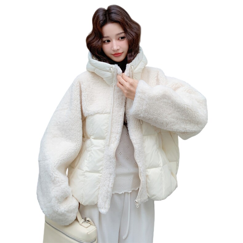 白色羊羔毛拼接羽绒服女2025冬季新款小个子减龄保暖90白鸭绒外套,女装羽绒服,2C176