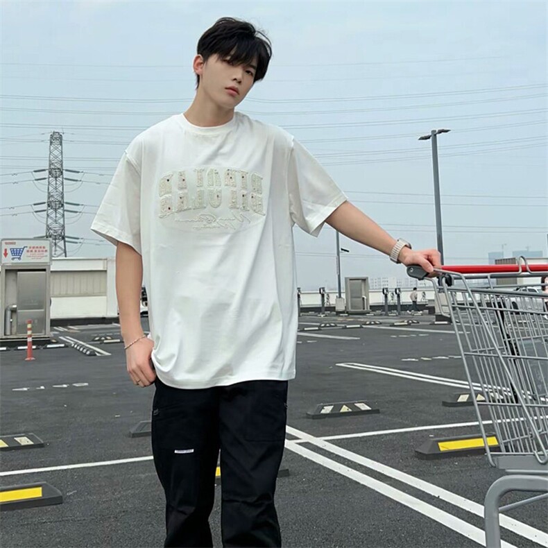 万针全刺绣工艺抖音得物高品质260克重磅纯棉双纱美式高街短袖T恤,男装T恤,电商A486