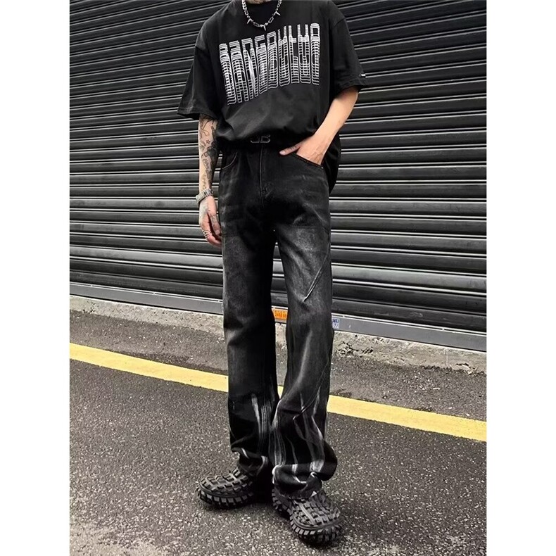 美式裤子高街扎染黑色渐变牛仔裤男款宽松显瘦直筒设计感小众长裤,男装牛仔裤,星座506A