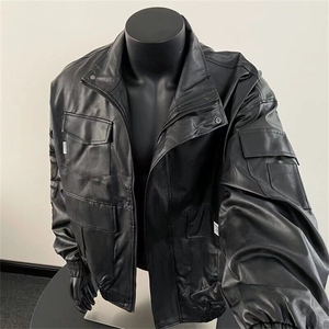 潮机能多口袋工装皮衣外套男士痞帅立领皮夹克字母机车服 PY1017图片