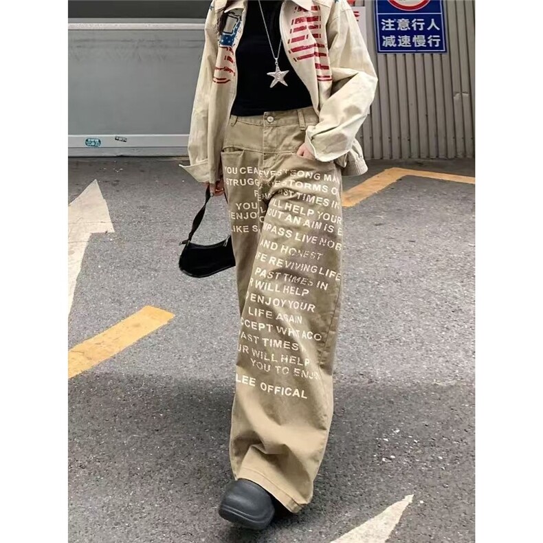 美式复古卡其色字母弯刀牛仔裤春秋款高街宽松显瘦阔腿拖地裤子潮,男装牛仔裤,星座1210-1