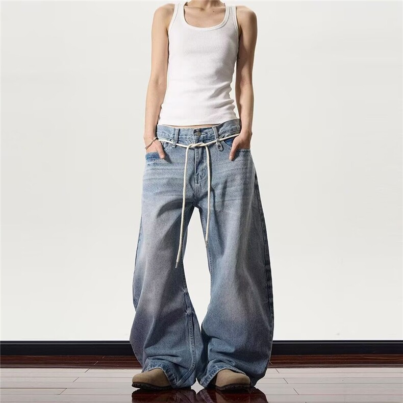 美式复古基础水洗蓝色弯刀牛仔裤男女新款宽松直筒通勤休闲裤子，男装牛仔裤，星座516A
