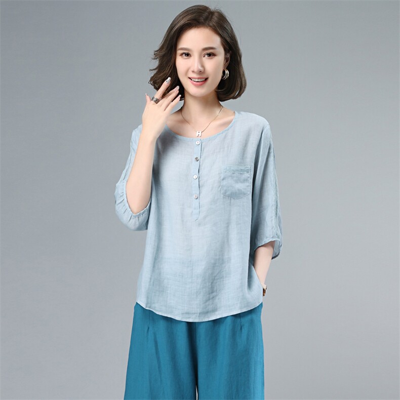 苎麻上衣女高端印花棉麻2025新款夏季女装时尚休闲亚麻阔腿裤,女装衬衫,奕阳依阁