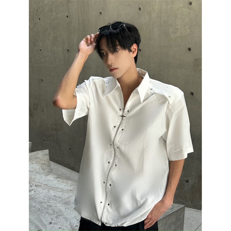 <自家图>金属垫肩衬衫男款高级感宽松拉链短袖衬衣CF434-P45,男装T恤,星座1109-4