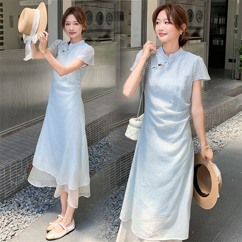 新中式改良旗袍设计感时尚收腰显瘦裙子女2025夏季淡人国风连衣裙,女装连衣裙,纯色衣恋