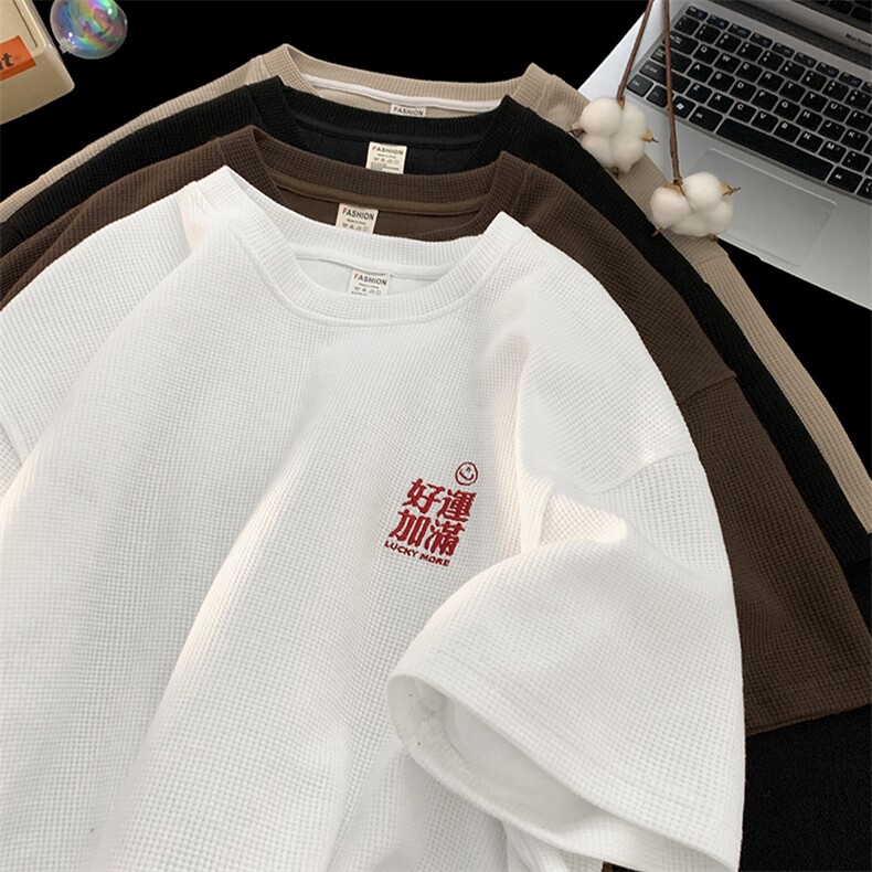 现货主推 港风华夫格刺绣宽松短袖男T恤 X416b-1-DT398-P25限38图片