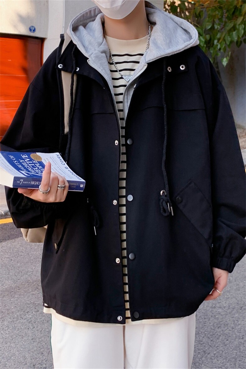 JK6002/P80春装新款假两件男士抽绳夹克男潮风衣男宽松大码控118,男装夹克,电商A141