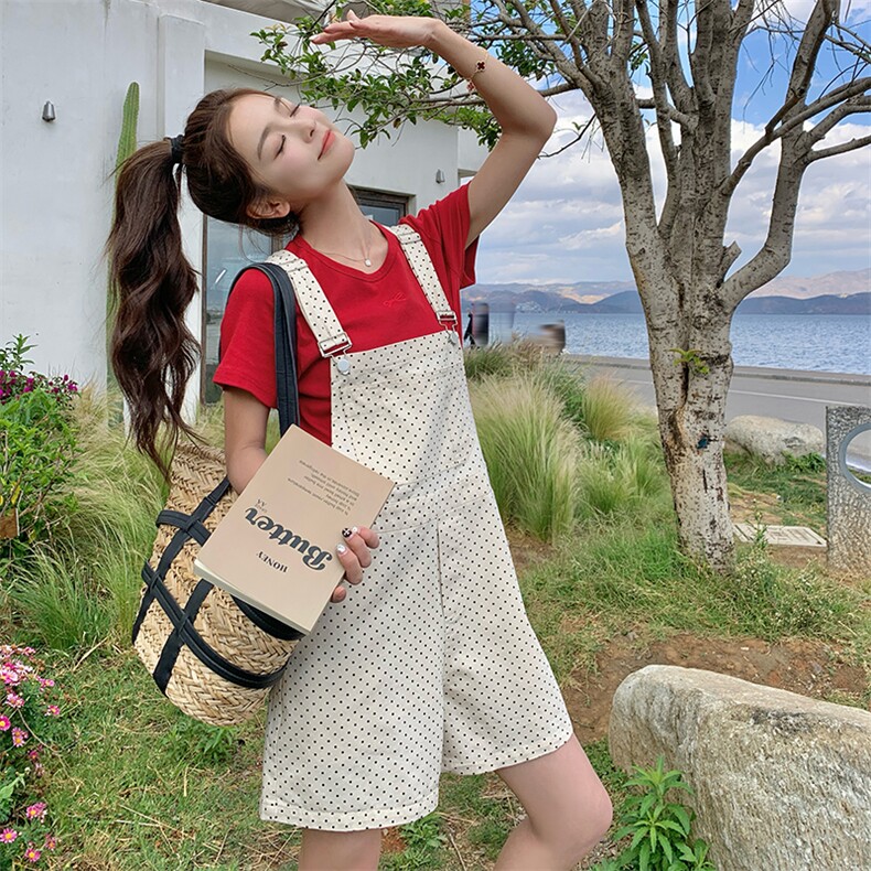韩系减龄波点背带裤短T恤两件套女2025夏季新款学院风连体裤套装图片