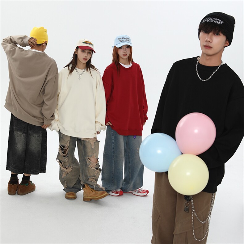 抖音得物高品质二开支持退换25秋冬全棉宽松圆领纯色卫衣HM07,男装卫衣,电商A486