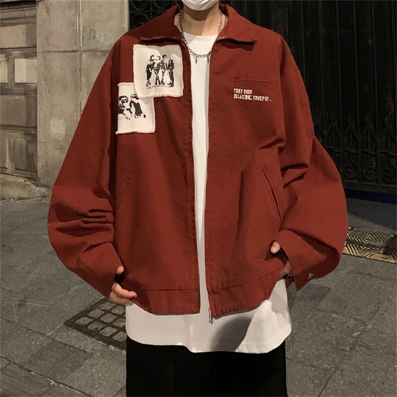 美式复古潮牌贴布红色春秋底特律工装夹克衫欧美高街hiphop外套,男装夹克,星座505-2（原电商A260-1)