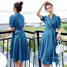 2023年夏季韩版通勤钉珠翻领中长款连衣裙，女装连衣裙，火爆靓佳人