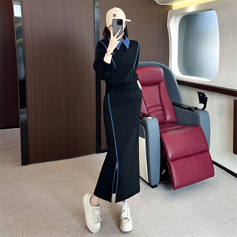 修身牛仔拼接翻领卫衣半身裙两件套潮,女装套装/套裙,江南
