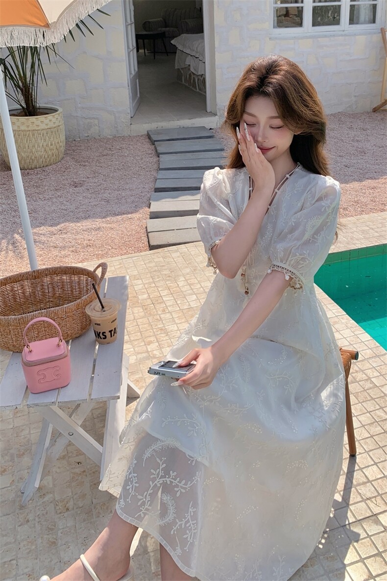 刺绣连衣裙夏季法式粉色碎花裙小众泡泡袖甜美长裙显瘦气质复古,女装连衣裙,浙宝208A