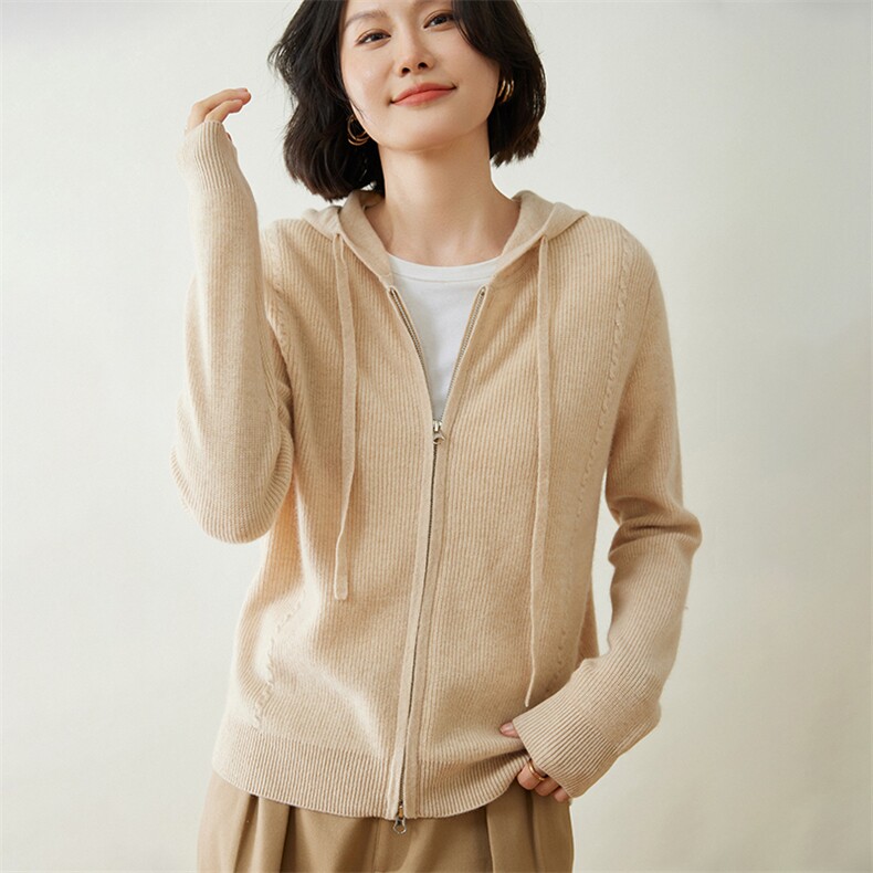 时尚百搭女士羊绒帽衫舒适保暖高领拉链开衫修身显瘦针织外套,女装羊绒衫,迎冬羊绒