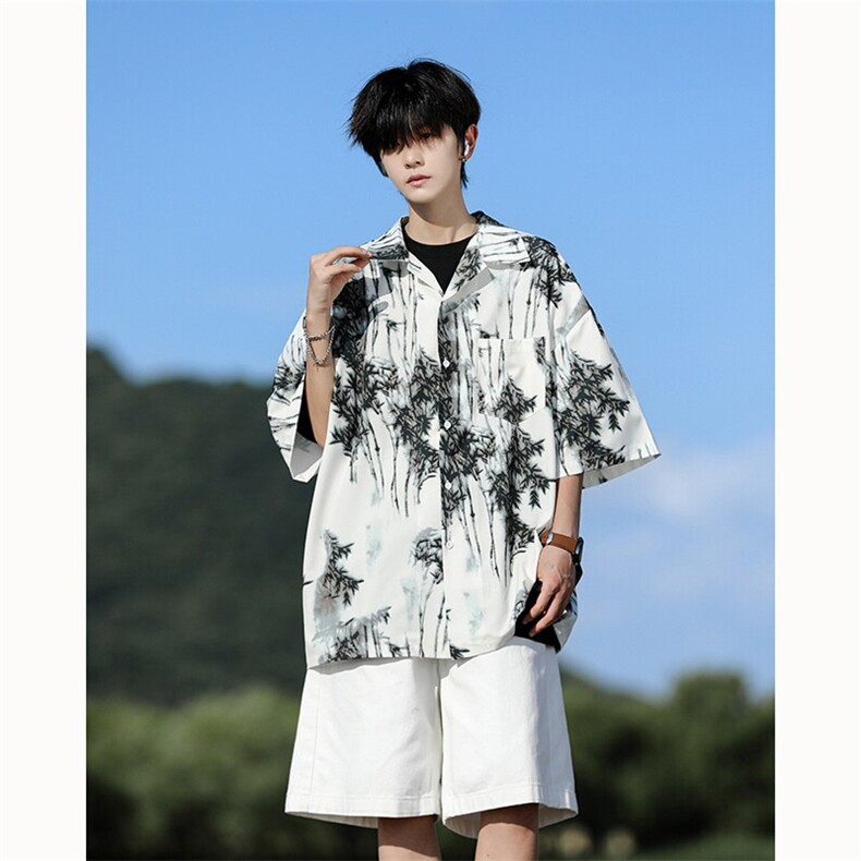 水墨花卉短袖花衬衫冰丝度假痞帅衬衣高级感夏威夷外套DC5015/P35,男装衬衫,电商B238