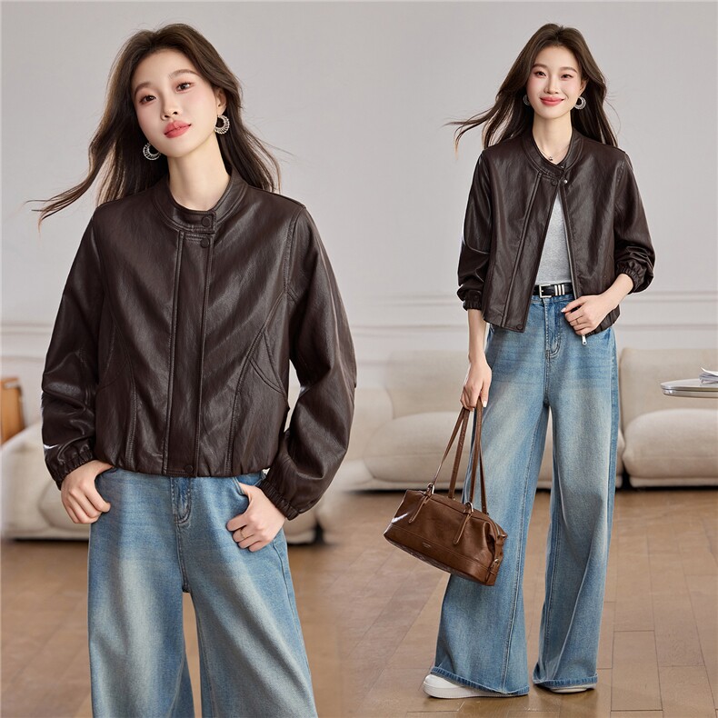 今年流行高级感淡黄色皮衣外套女早春新款小个子短款机车夹克上衣，女装皮衣，潮流依族