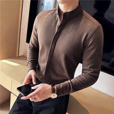 主推款~加厚磨毛保暖毛呢衬衫男士立领暗条纹衬衣深灰色C6657-P73，男装衬衫，电商A213