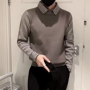 假两件条纹翻领毛衣男韩系秋冬高级感内搭打底修身衬衫针织衫S552图片