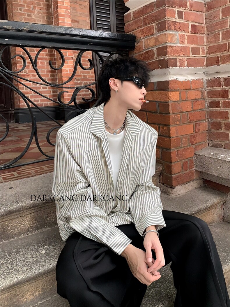 假两件深v领条纹长袖衬衫男外套老钱风叠穿立领衬衣513ACS2534P48,男装衬衫,星座513A