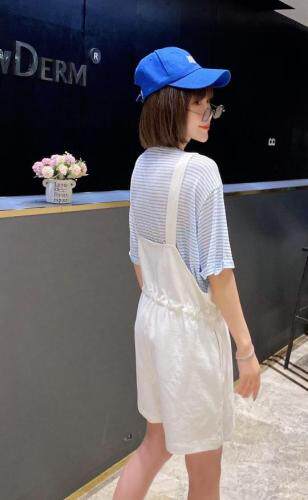 夏季休闲条纹背带短裤，女装，水锦红