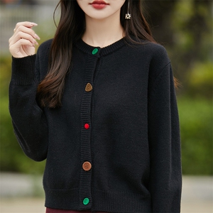 100%纯羊毛开衫女士圆领加厚彩扣长袖毛衣外套宽松羊绒衫针织外搭图片