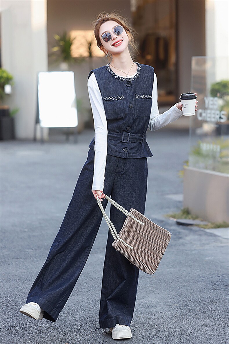牛仔套装女2025开春新款超火休闲小香风马甲阔腿裤三件穿搭一整套,女装套装/套裙,歌伊格美