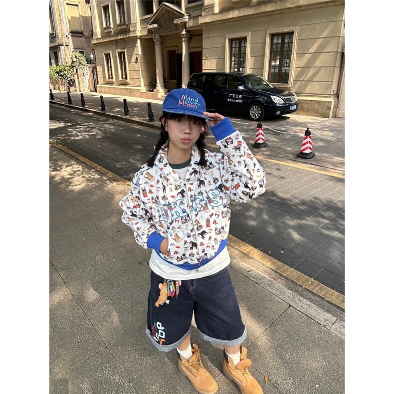 W10771-P58网图现货原创美式复古狗狗满印连帽卫衣开衫短款外套,女装短外套,星座1608