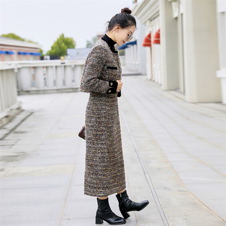 小香风羽绒服套装女秋冬2024新款粗花呢短外套半身长裙两件套,女装套装/套裙,曼娅璐