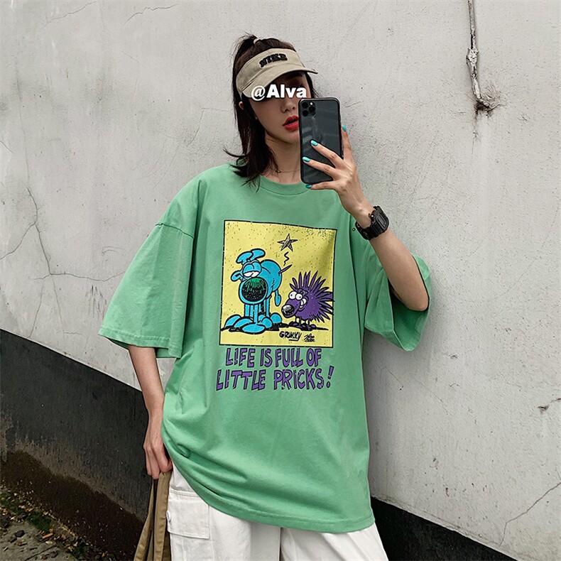 2021夏装新款 卡通印花情侣男女中性宽松短袖T恤班服 D69图片