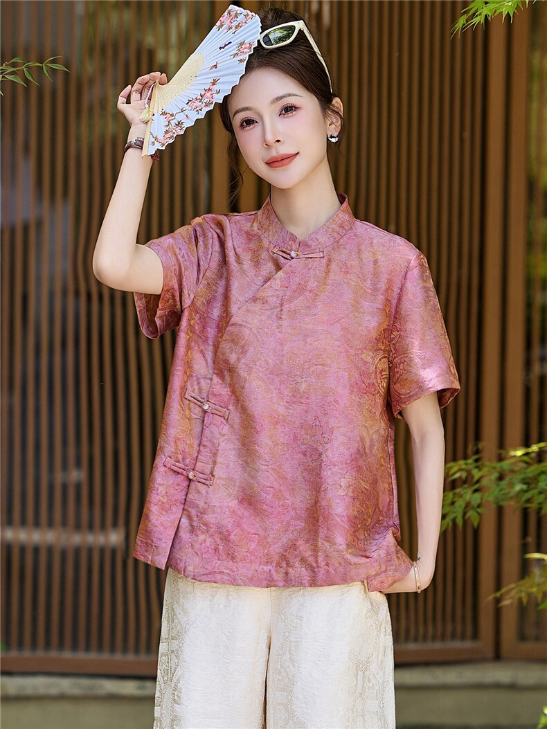 长期有货2026印花上衣女夏季薄款透气中袖衬衫中年妈妈宽松减龄潮,女装衬衫,璐依舞