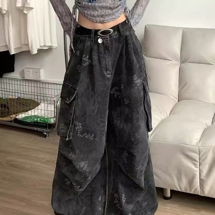 美式复古迷彩蛇纹工装牛仔裤高街辣妹宽松直筒阔腿拖地裤NA1986,男装牛仔裤,星座1116A（原606A-3）