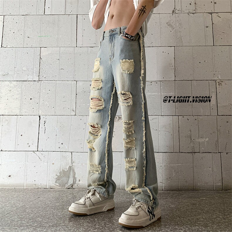 B221美式ins高街暗黑小众毛边破洞直筒牛仔裤LK23107-P65控88,男装牛仔裤,电商B221