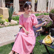 时尚拼接纯棉U领连衣裙女2025夏装新款今年流行爆款泡泡袖长裙子，女装套装/套裙，魅影