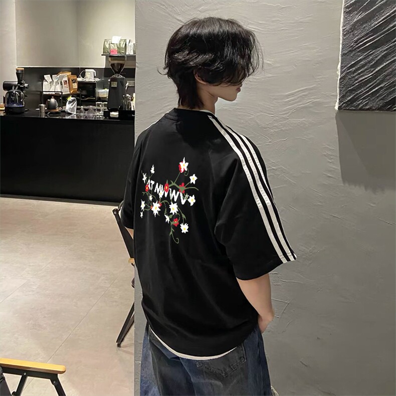 抖音得物高品质二开240克宽松纯棉美式潮牌三条杠织带短袖T恤,男装T恤,电商A486-1