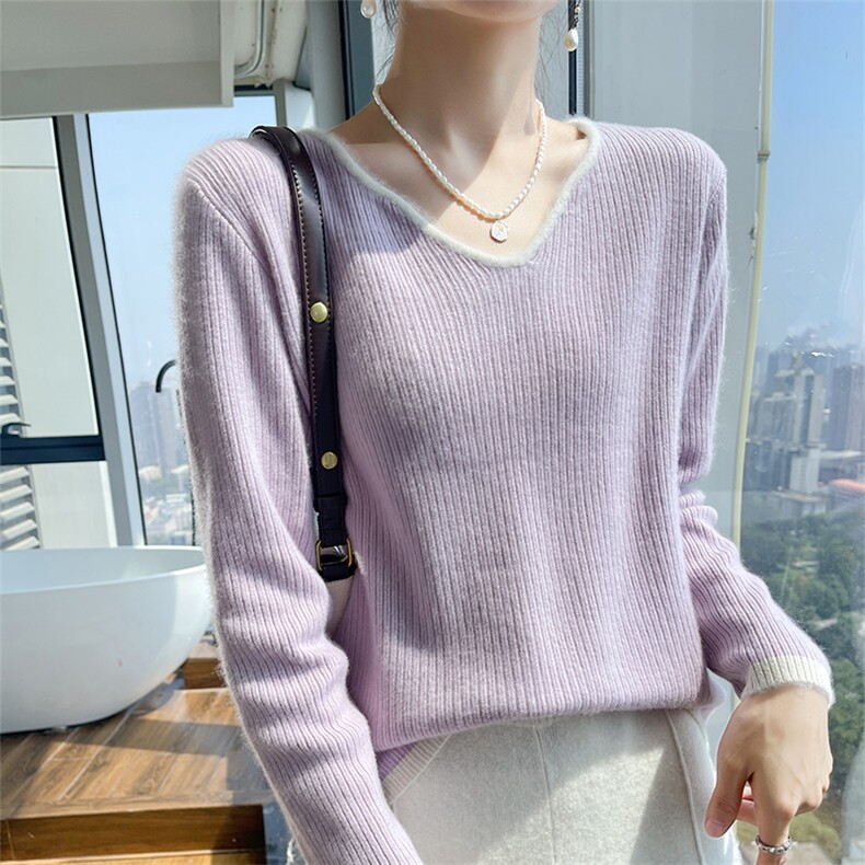 秋冬新款V领撞色100%纯羊毛衫长袖毛衣女抽条宽松羊绒针织打底衫，女装羊毛衫，宇灿羊绒