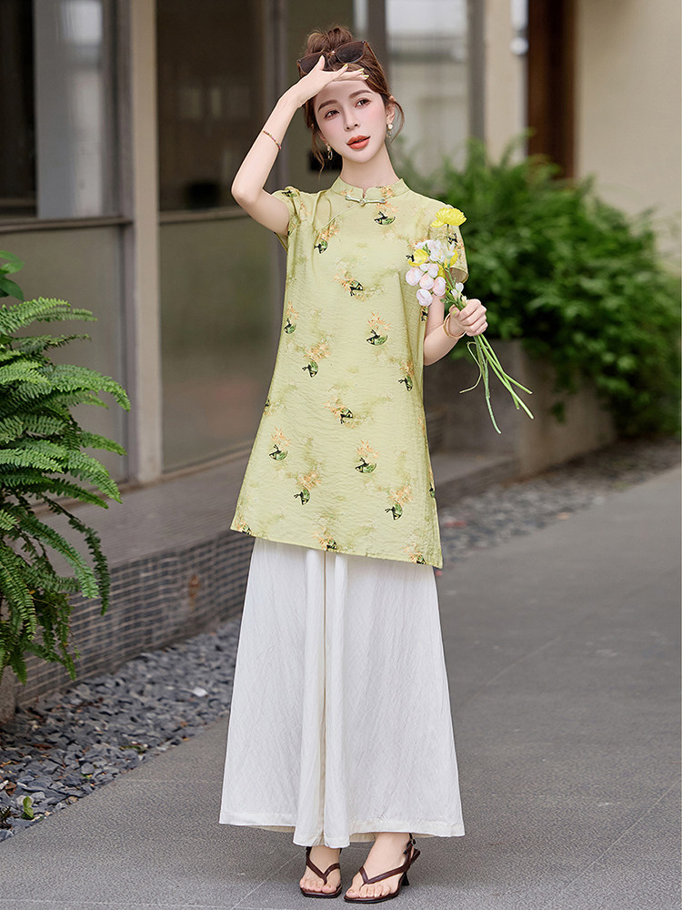 民族风欧根纱连衣裙女夏2025新款绣花复古旗袍套装裤宽松两件套,女装套装/套裙,芷墨服饰
