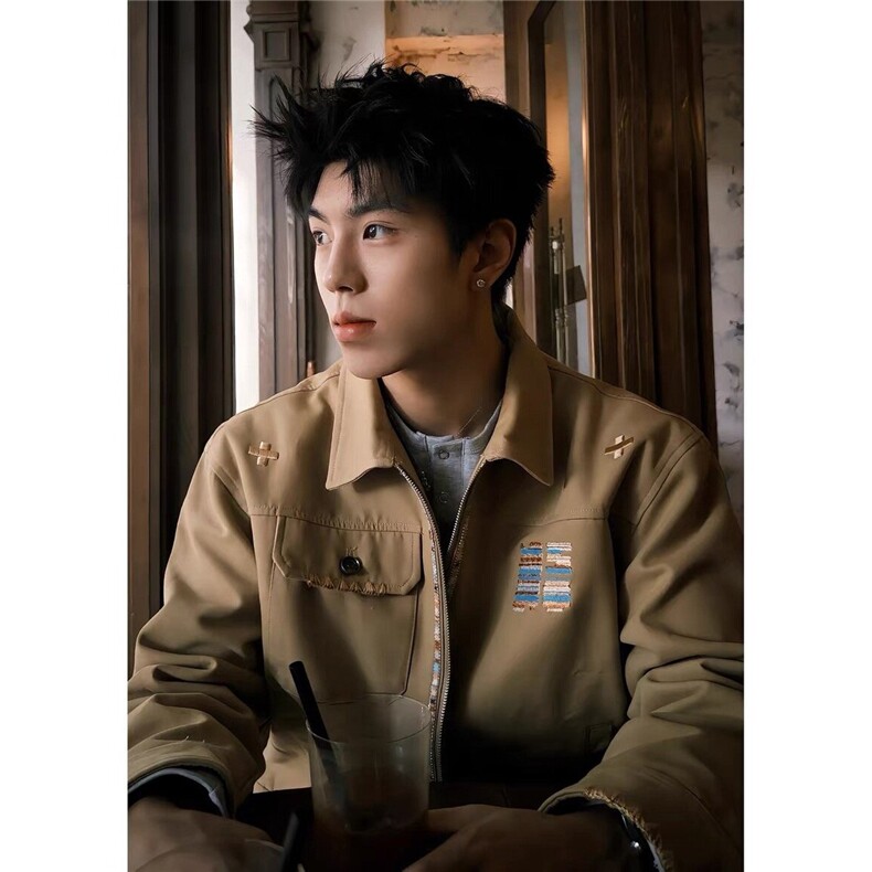 美式巴恩风休闲夹克男女款宽松翻领棒球服刺绣工装外套W6838-P65，男装夹克，星座412-3