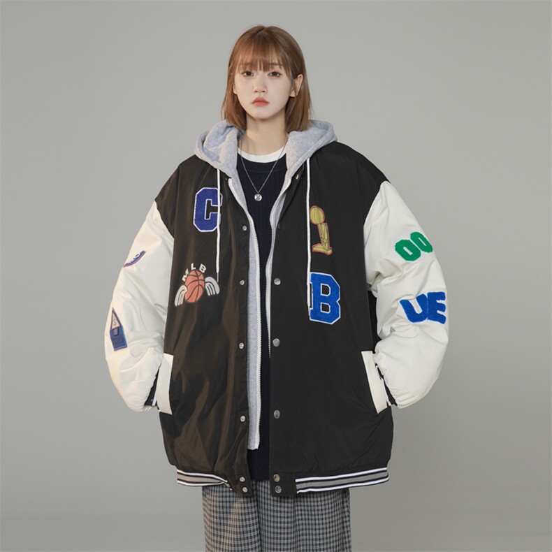 新款港风假两件连帽棒球服夹克棉衣棉服棉袄男女外套P90控138,男装夹克,星座207