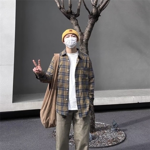 W11106-P38网图现货美式撞色复古格子衬衫宽松街头口袋翻领上衣,复古美式街头搭配图片