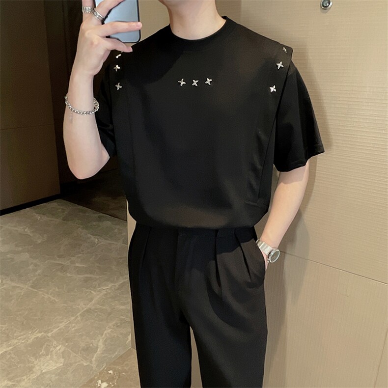 夏季高级小众网红假两件铆钉短袖T恤男时尚帅气半袖上衣TX1226P52,男装T恤,电商B267