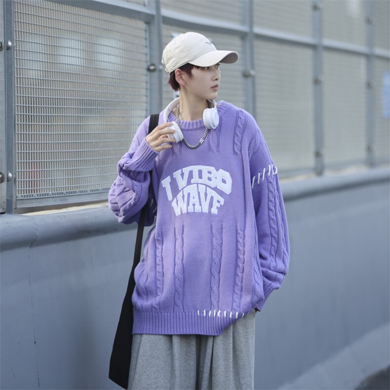 潮字母刺绣绑带麻花圆领宽松小众毛衣男MY064-P45,男装针织衫/毛衣,星座308B-1