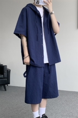 TZ793-特55控98新款速干肌理感连帽男短袖衬衫六分裤大码套装，男装T恤，电商A059
