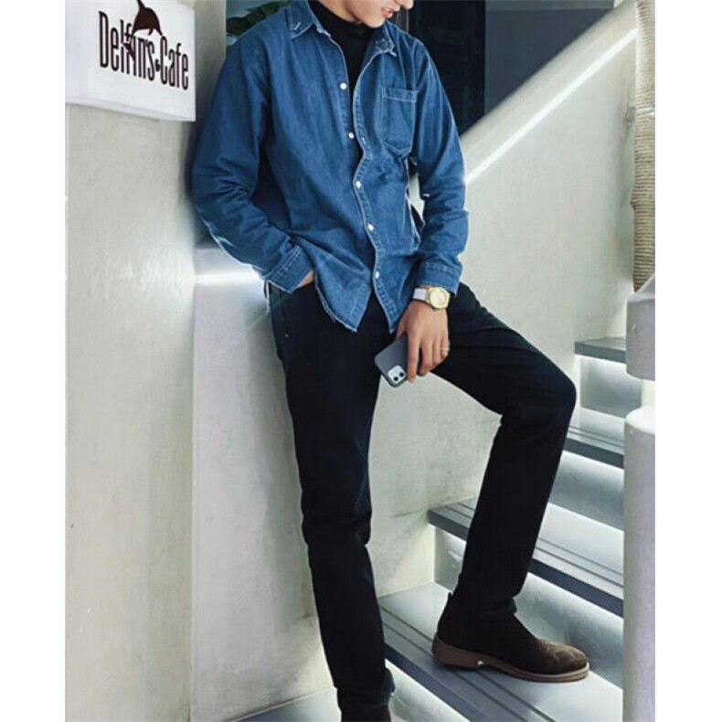 牛仔衬衫男长袖春秋韩版潮流帅气休闲外套痞帅蓝色衬衣CX325，男装衬衫，星座1116A（原606A-3）