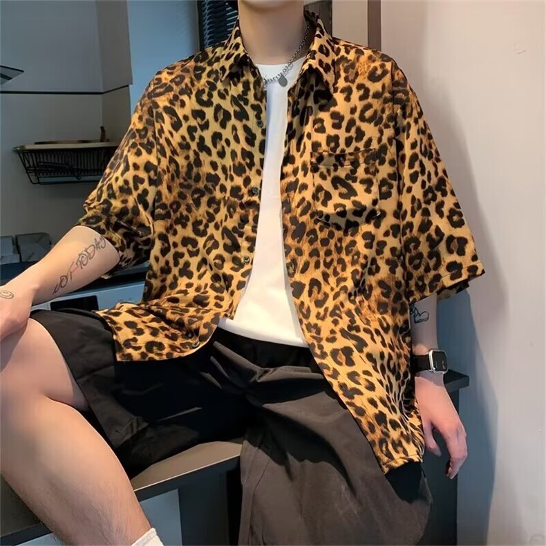 夏季男衬衫上衣休闲宽松可穿80-300斤港风时尚衬衣外穿薄款豹纹,男装衬衫,星座1210-1