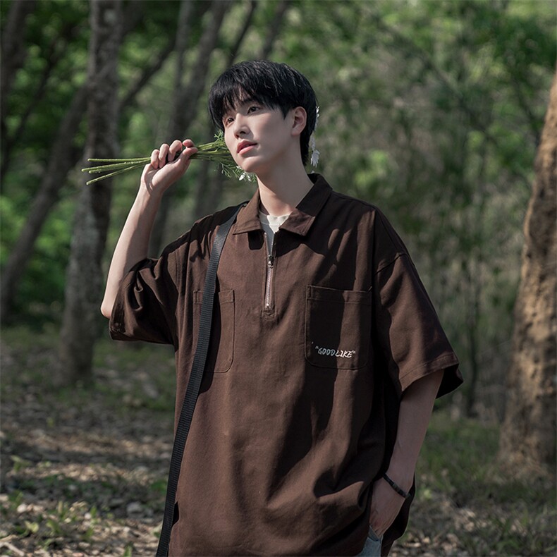 B225-T9211-P58-X75-拉链Polo-全棉-双口袋 日系半拉链男夏季潮流图片