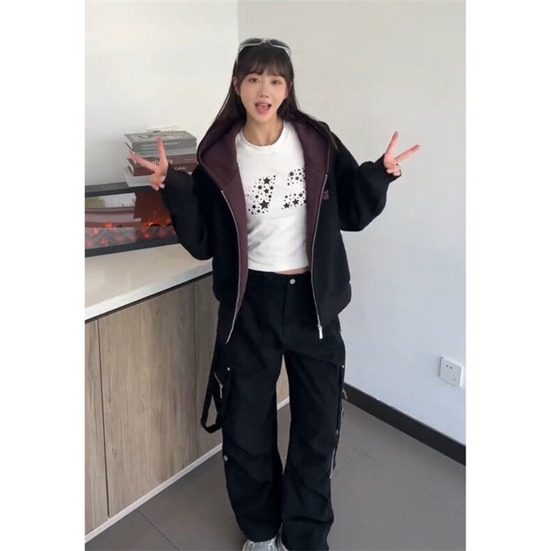 网图短款撞色刺绣双拉链开衫卫衣男女潮牌情侣连帽休闲外套P60,女装短外套,电商C306-1