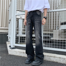 美式高街cleanfit猫须做旧黑色牛仔裤潮直筒微喇vibe风裤子，男装牛仔裤，星座1013