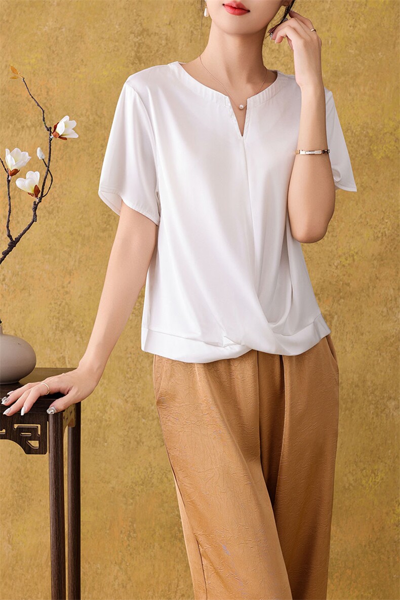 夏季新款简约女士缎面剪刀领短袖宽松百搭显瘦时尚休闲上衣,女装T恤,朝贺羊绒