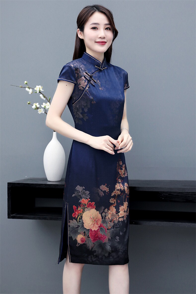 专柜精品重磅真丝弹力缎高奢时尚修身中长款婚庆双层晚礼服旗袍,女装汉服/婚纱/旗袍/礼服,媚琳依坊