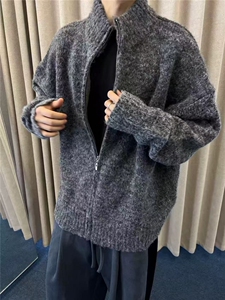 秋冬复古百搭耐脏宽松深灰拉链毛衣外套立领保暖针织衫ZZS108P75图片